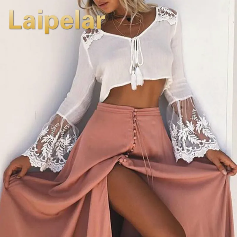 

Women Boho Lace Crop Tops Shirt 2018 Summer Ladies Blouse Dentelle Nesh Tops Femme Blusas Female Tunic Sexy Crop Tops
