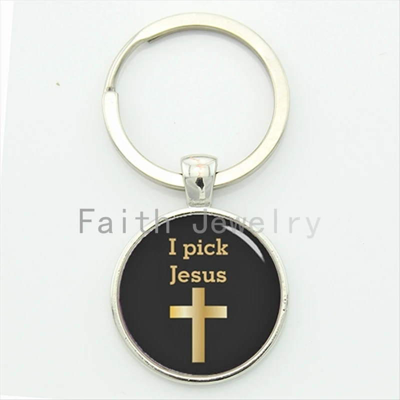 

I Pick Jesus key chain charm golden cross and I Pick Jesus character picture keychain Faith Christianity jewelry gift KC429