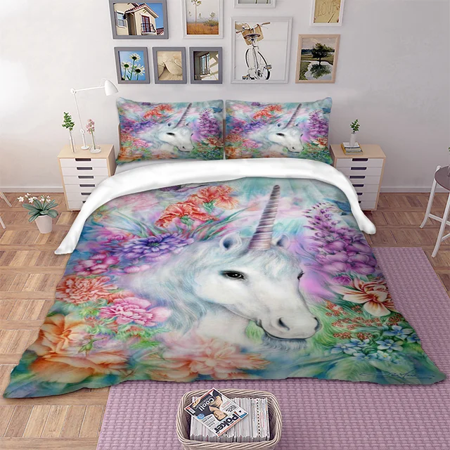 white unicorn flowers duvet