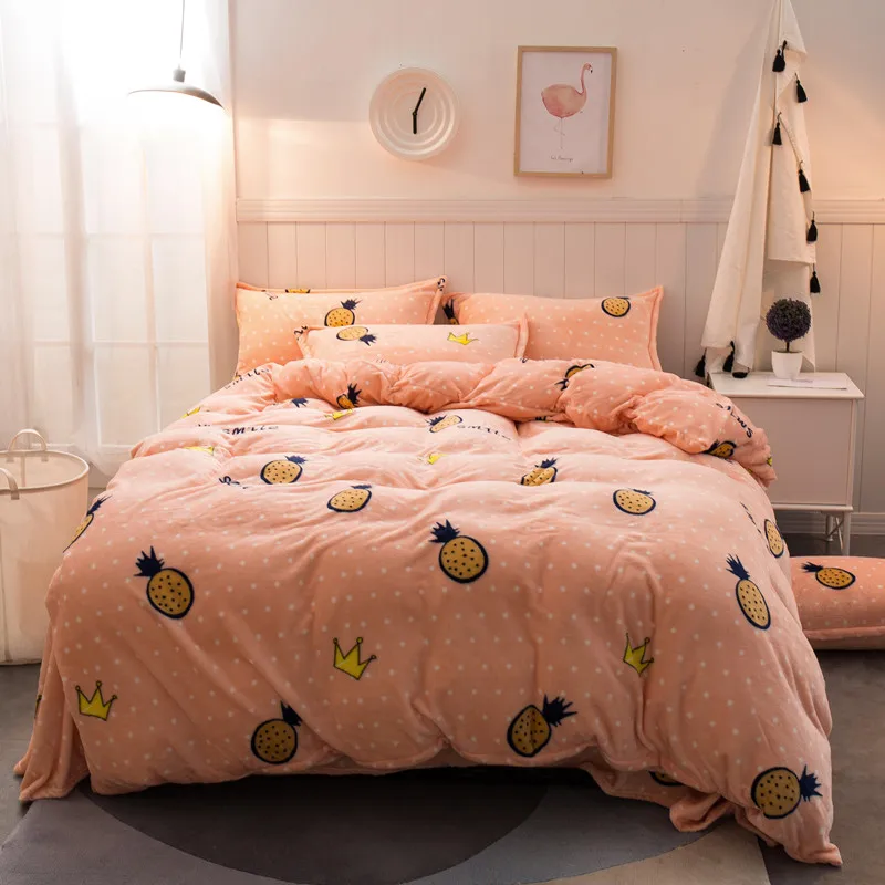 Autumn Winter Pineapple Flannel Duvet Cover Set Queen King Size