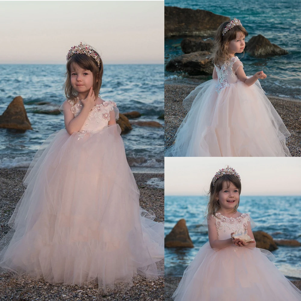 Girls Pink Tulle Lace Applique Dress Pageant Birthday Christmas Party Flower Girl Dresses Communion Gowns 2-14 Years | Свадьбы и