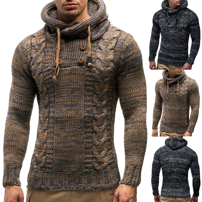 Hooded Knitted Sweater Men Solid Pullover Long Sleeve Button O Neck Cotton Sweaters Jumper Knitwear Winter Outerwear