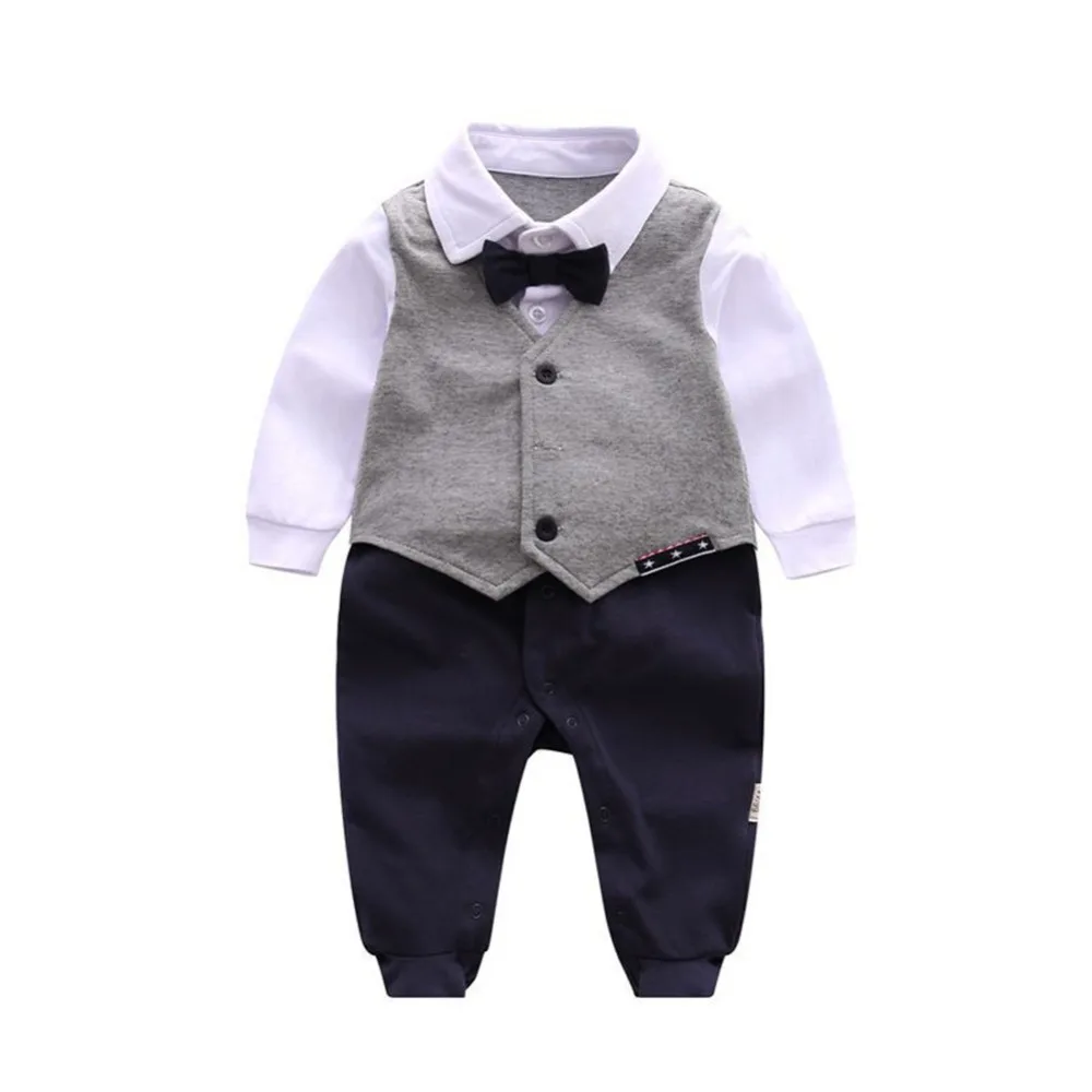 

Newborn Baby Boy Gentleman Footed Romper Vest Wedding Party Tuxedo Suit Jumpsuit with Bowtie 1pc Formal Outfit Set