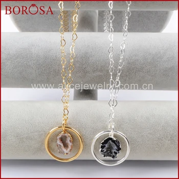 

BOROSA 5PCS 30inch Gold/Silver Color Natural Agates Druzy Slice Circle Drusy Pendant Necklace Jewelry for Women G1517 S1517