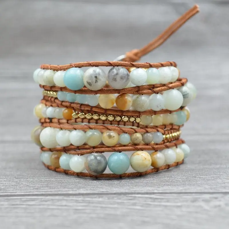 

New Hign-end 2018 - 5X Leather Wrap Amazonite Gold Bracelet Bracelet Multi Layered Bracelet For Girl's And Woman's Gift