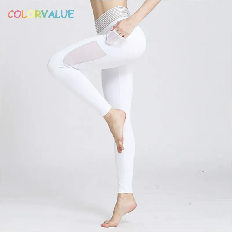 

Colorvalue Mesh Fitness Yoga Pants Women Quick Dry High Waist Workout Athletic Leggings Elastic Nylon Gym Leggings with Pocket