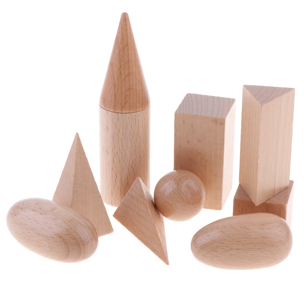 Montessori Educational Toys - Set of 10 Wooden Geometric Solids, 3D Shapes