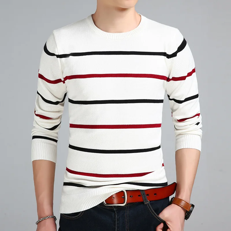 Новое поступление осенне-зимний пуловер с круглым вырезом свитер Мужская брендовая одежда кашемировый шерстяной свитер мужской повседневный полосатый вязаный пуловер - Цвет: White