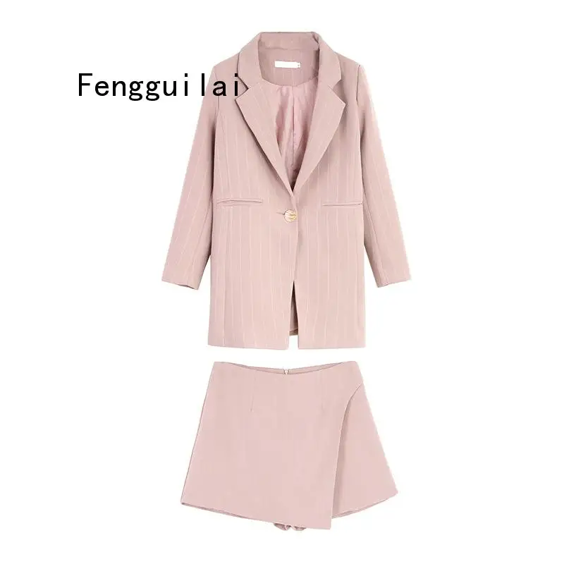 

Fashion Women Skirt Suits One Button Notched Striped Blazer Jackets and Slim Mini Skirts Two Pieces OL Sets Female Outfits 2019