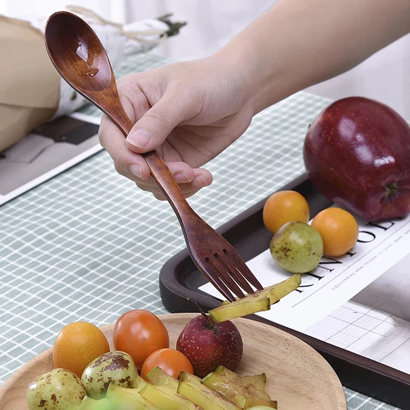 

2 In 1 Wooden Spoon Forks Set Burlywood And Brown Natural Wood Cutlery Coffee Tea Spoons Salad Fruit Fork Tableware