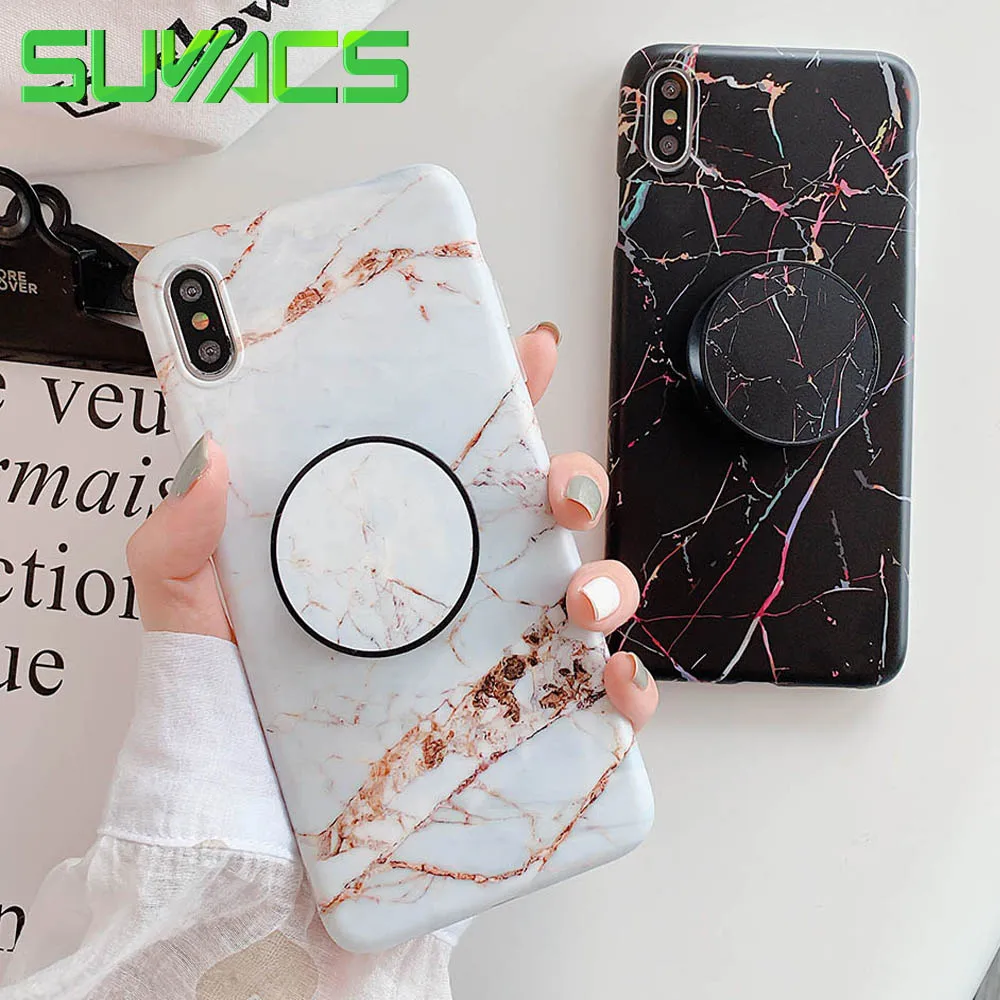 

SUYACS Crack Texture Marble Case For iPhone XR XS XS Max X 8 7 Plus 6 6S Plus Fold Kickstand Holder Soft IMD Phone Back Cover
