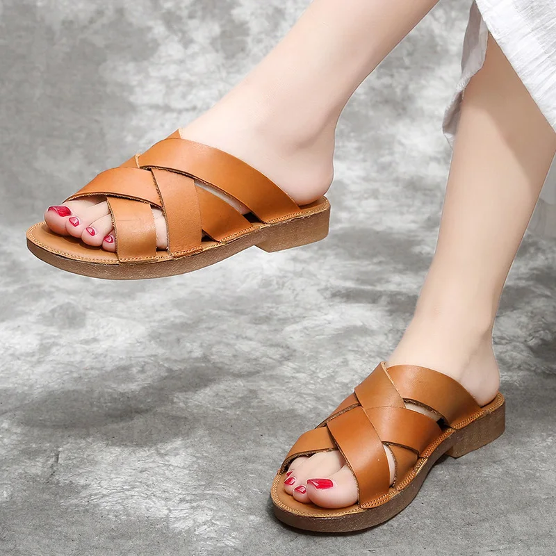

2019 Rome Style Genuine Leather Handmade Female Slippers Soft Bottom Casual Women Platform Shoes Cross Strap Ladies Beach Shoes