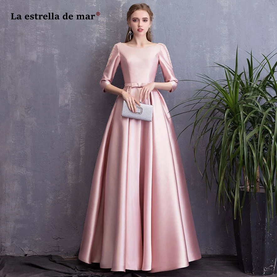 Vestido madrinha longo2019 атласный жемчужный рукав три четверти ТРАПЕЦИЕВИДНОЕ розовое платье подружки невесты ретро свадебное платье abiti dami