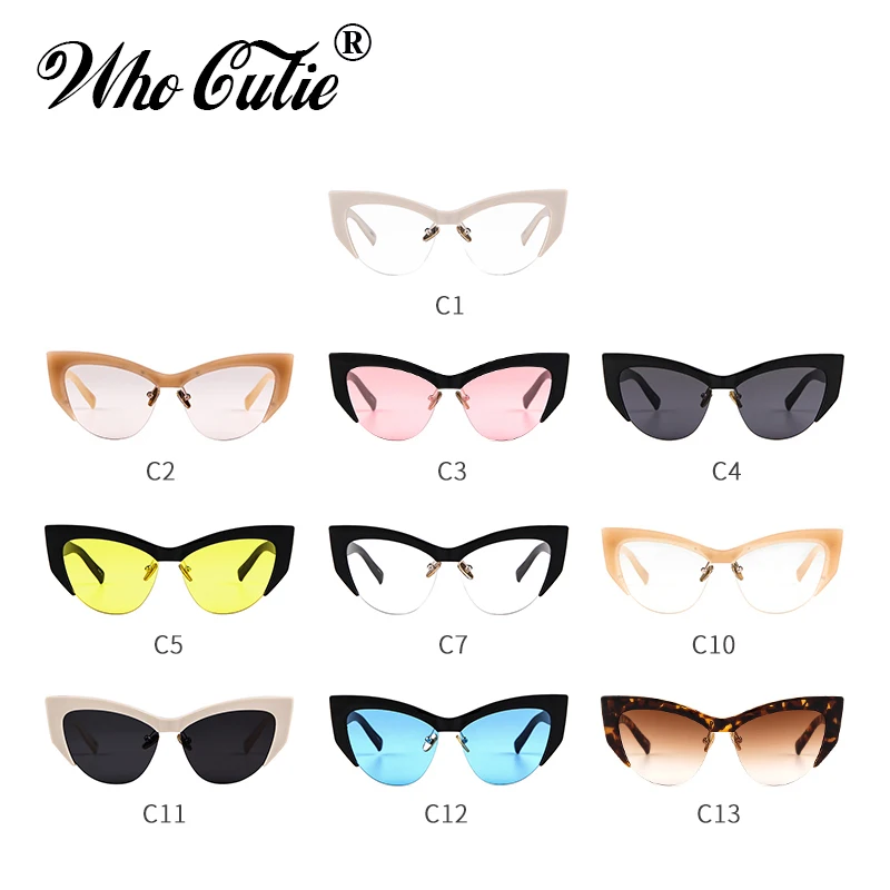 WHO CUTIE, полуоправа, кошачий глаз, солнцезащитные очки для женщин, фирменный дизайн, женские солнцезащитные очки больших размеров, кошачий глаз, желтые оттенки, для женщин, OM686