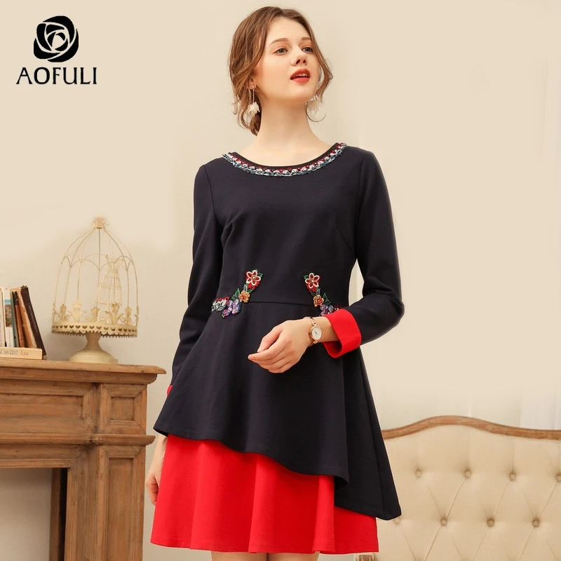 

AOFULI M- 3xl 4xl Ethic style Women Ruffle Asymmetrical Dress Flower Embroidery Applique Winter Big Size Long Sleeve Dress A1887