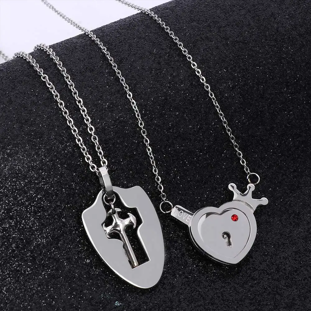 1 Set Women Men Couple Necklace Key Lock Heart Titanium Steel Necklace
