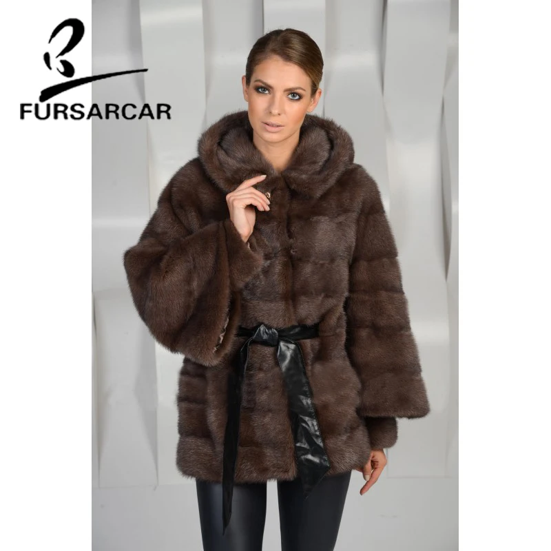 FURSARCAR новые женские шубы из натурального меха норки с капюшоном, толстые теплые шубы из натурального меха норки с расклешенными рукавами, женская зимняя одежда