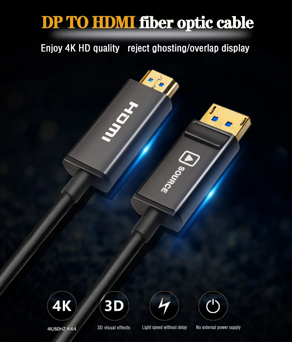 Порт дисплея/DP к HDMI волоконно-оптический кабель, поддержка 4 K/60Hz 4:4:4 HDMI2.0 Стандартный DP порт дисплея к HDMI Кабель-адаптер