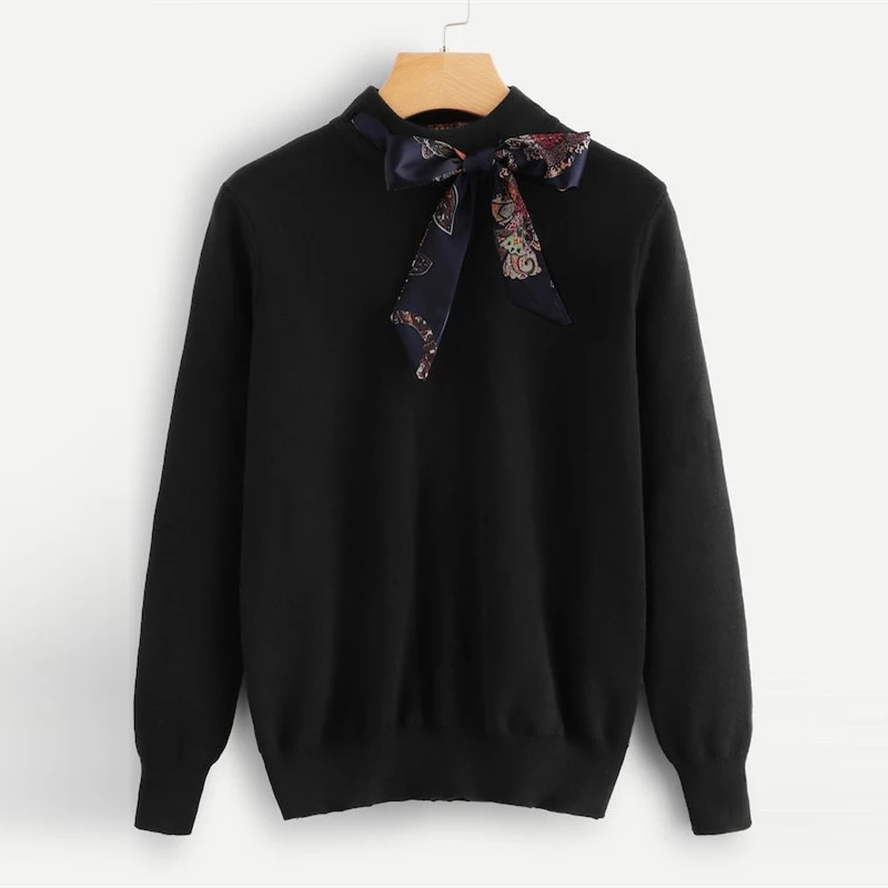 Preppy معقود الديكور التعادل الرقبة الوقوف طوق الصلبة عارضة النساء سترة جديد الخريف الحرم الجامعي Highstreet البلوفرات البلوزات