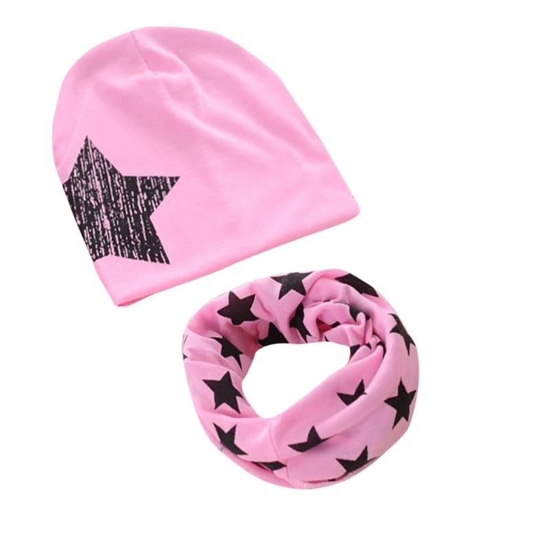 Хлопковая детская шапка, шарф, Детские шапочки, детские шапки с принтом звезды, весна-осень, детская шапка, набор шарфов для маленьких девочек, шапочки реквизит для фотосессии - Цвет: pink hat-scarf