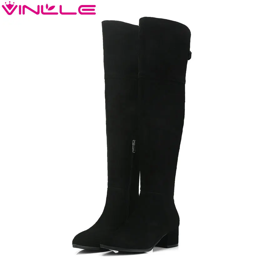 

VINLLE 2019 Women Boots Women Over The Knee High Boots Fashion Winter Boots Cow Suede Zipper Pointed Toe Shoes Size 34-39