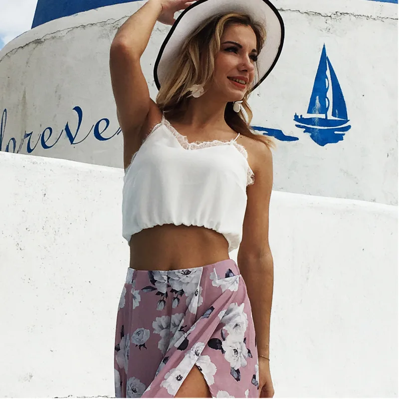 

2019 white Lace V-neck Crochet tank Top Solid Color Sling Sexy Chiffon Vest Halter Crop Tops Blusas De Renda Ez*