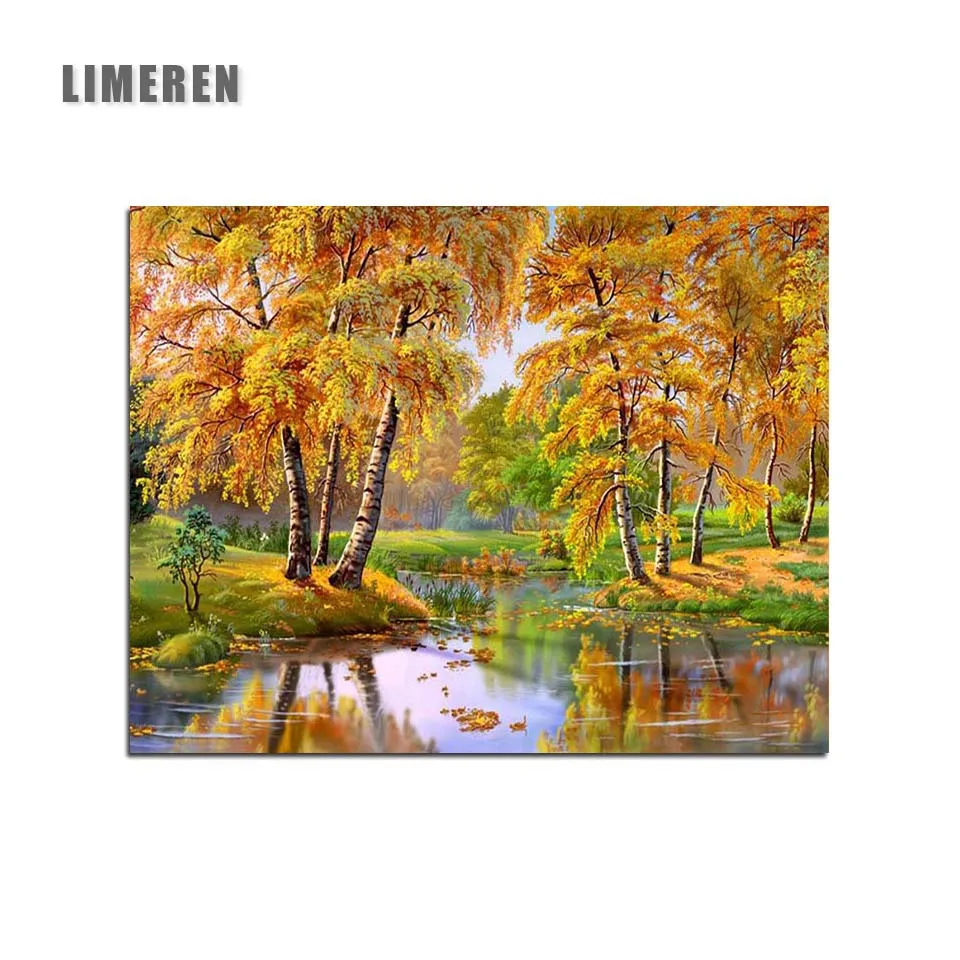 

Autumn Yellow leaves Painting By Numbers Deciduous Reflection Trees Stream Landscape Home Decor Coloring By Numbers