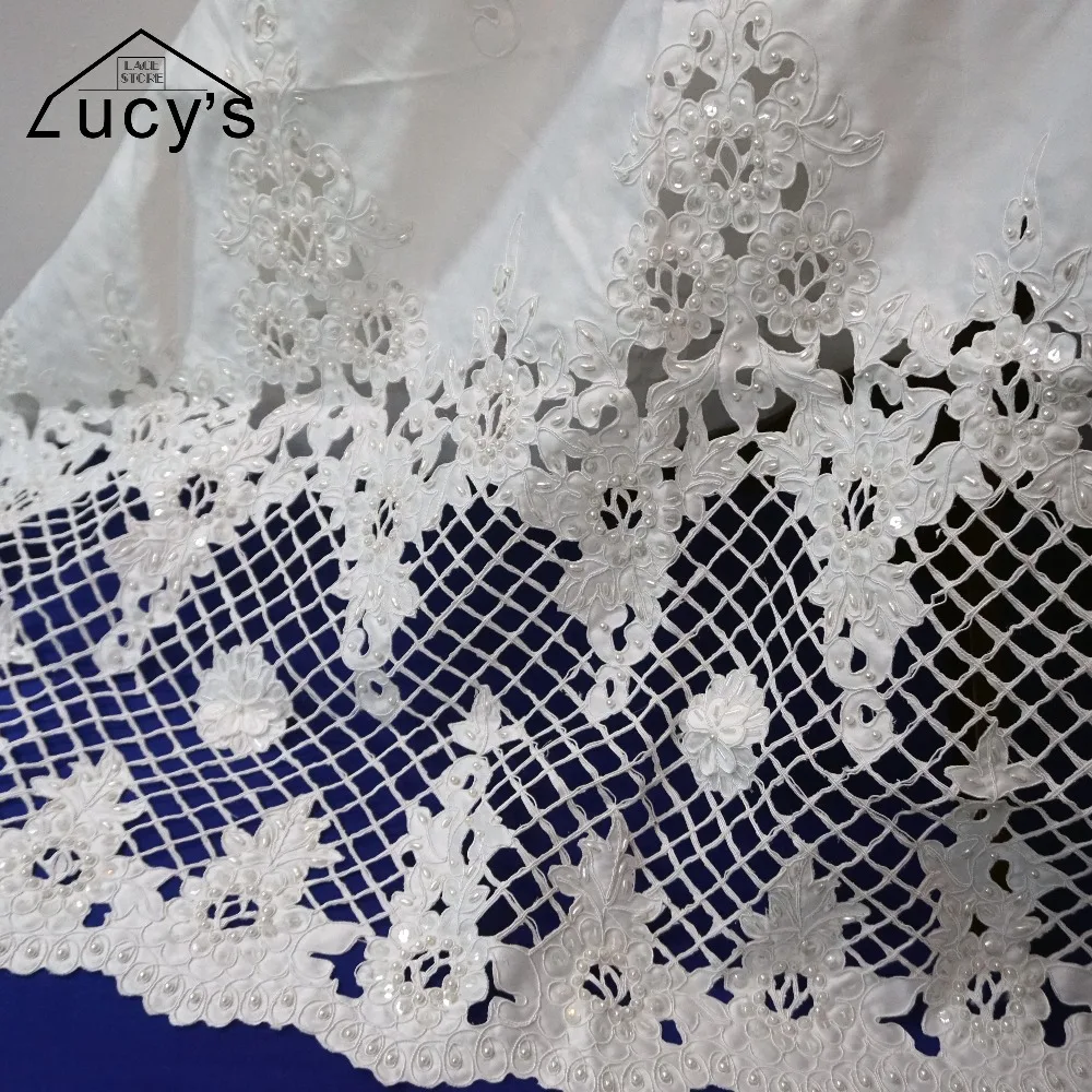 White satin fabric embroidered lace with pearls Ivory hollow out