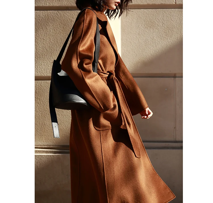IRINAW901 Новое поступление классический халат стильные модели с ремнем длинное двустороннее шерстяное кашемировое Женское пальто ручной работы