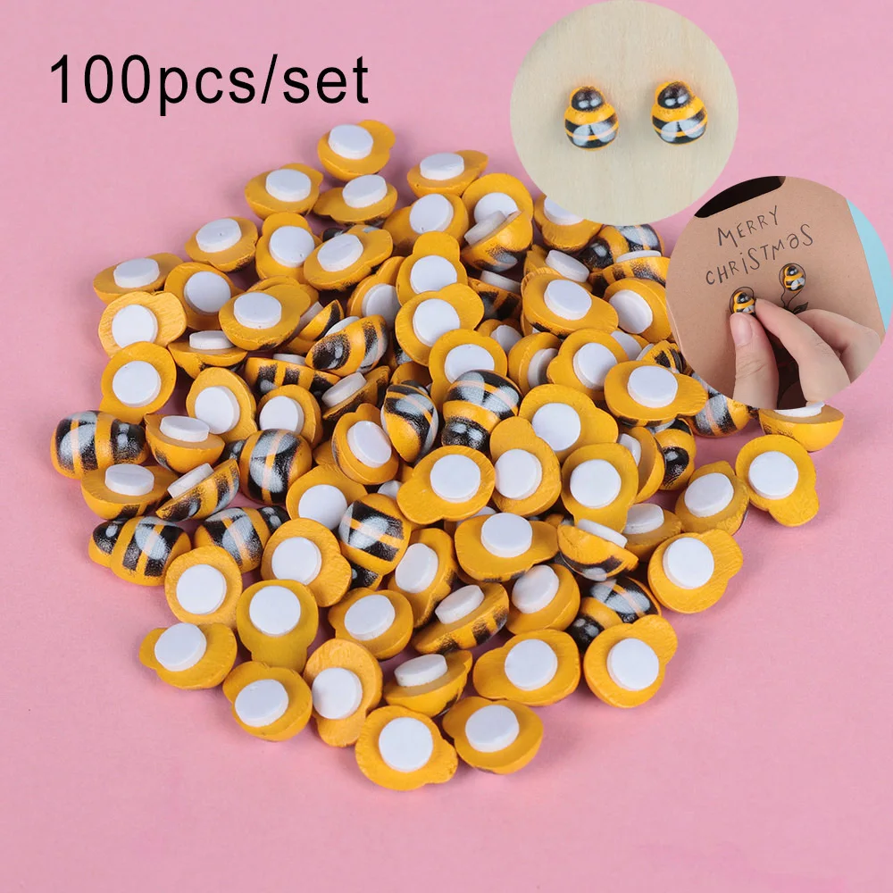 100pcs Bee Sponge Sticker Wooden Self-Adhesive Scrapbooking Easter Wall Art Decoration Mini Fridge Decals
