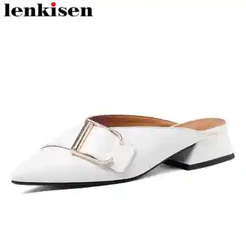 

Lenkisen popular mules pointed toe solid cow leather low heel metal buckle decoration get-together temperament women sandals L23