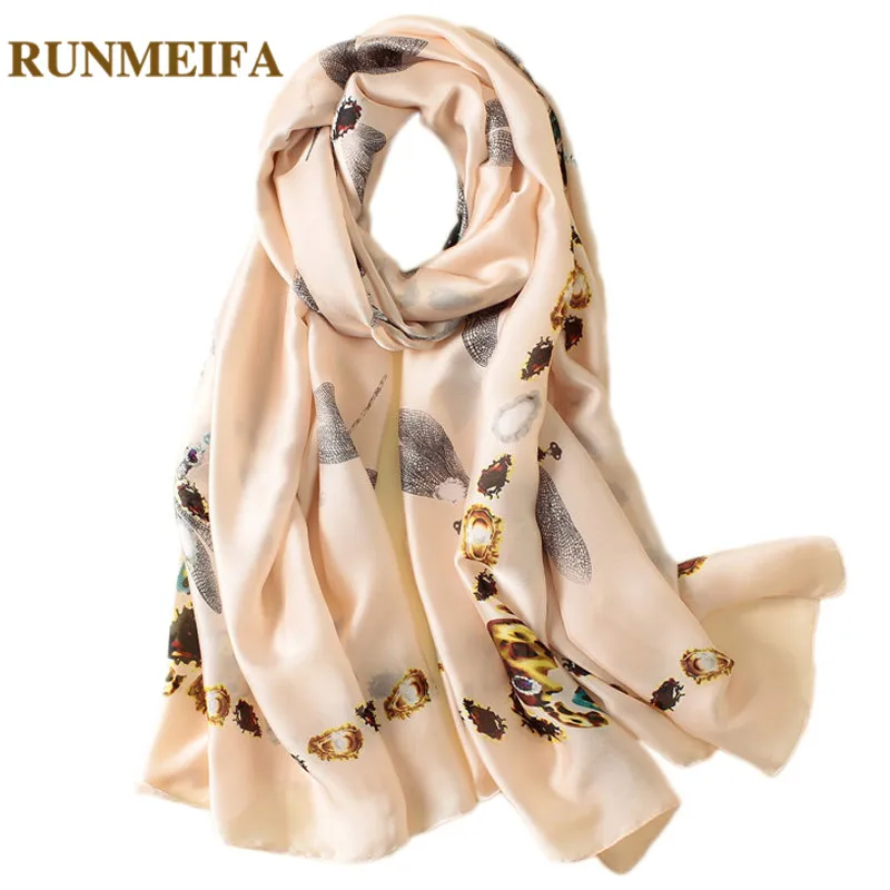 

[RUNMEIFA] 2018 New luxury silk Scarf Women Summer beach shawls and wraps printing 2 Color Scarf 180*90cm Female free shiping