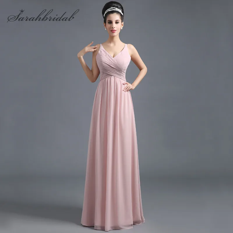 

Simple V-Neck Sash Prom Dresses With Pleats Chiffon Floor-Length Line-A Custom Made Plus Size Bridesmaid Gowns Hot Sales SD293