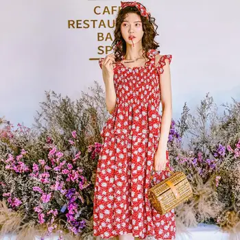 

2019 Sweet Floral Print Dress Sleeveless Pleated Swing Midi Ladies Dress Sundress Vestidos Robe Femme