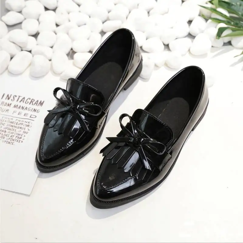 Г., брендовая обувь женские повседневные Черные Туфли-оксфорды с острым носком и бантом, с кисточками, женская обувь на плоской подошве, удобная женская обувь без шнуровки - Цвет: Черный