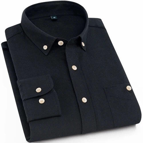Мужские повседневные фланелевые рубашки с длинным рукавом, приталенные нагрудные карманы с пуговицами, модные однотонные мужские рубашки с воротником на пуговицах - Цвет: Black