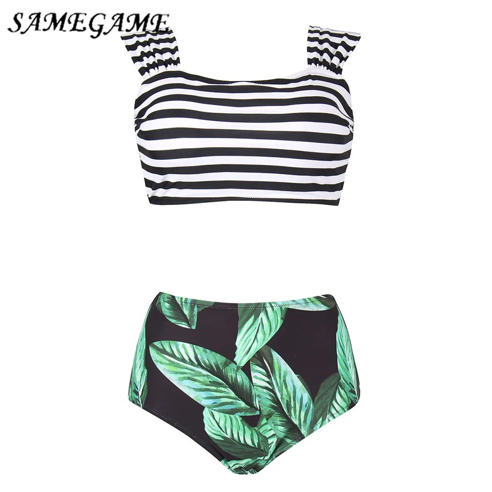 

SAMEGAME 2019 Bikinis Women Swimwear High Waist Swimsuit Plus Size Swimwear Push Up Crop Top High Neck Bikini Set Bathing Suit