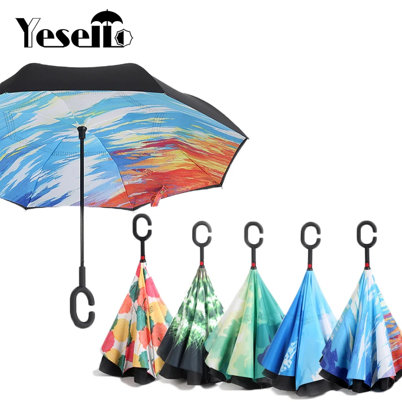 Price Yesello Starry Sky Anti UV Inverted Umbrella Reverse Folding Double Layer Guarda Chuva Self Stand Inside Out Sunny Rain