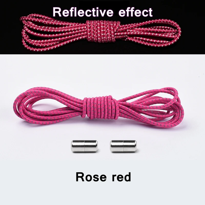 Новые Светоотражающие эластичные шнурки без завязок, шнурки с металлическим наконечником, круглые удобные шнурки с быстрым замком, шнурки для обуви унисекс - Цвет: Rose red
