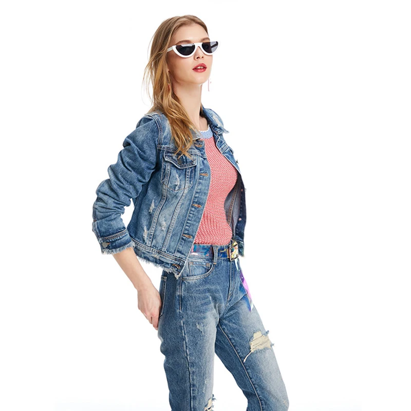 Femme Vestes Vers Trou Vintage Femmes Bas Manteau Outwear Denim Bleu Jeans Tournent À Déchiré Le Mode C1542 Manches Base De Lâche Veste Longues EAqUOxfq
