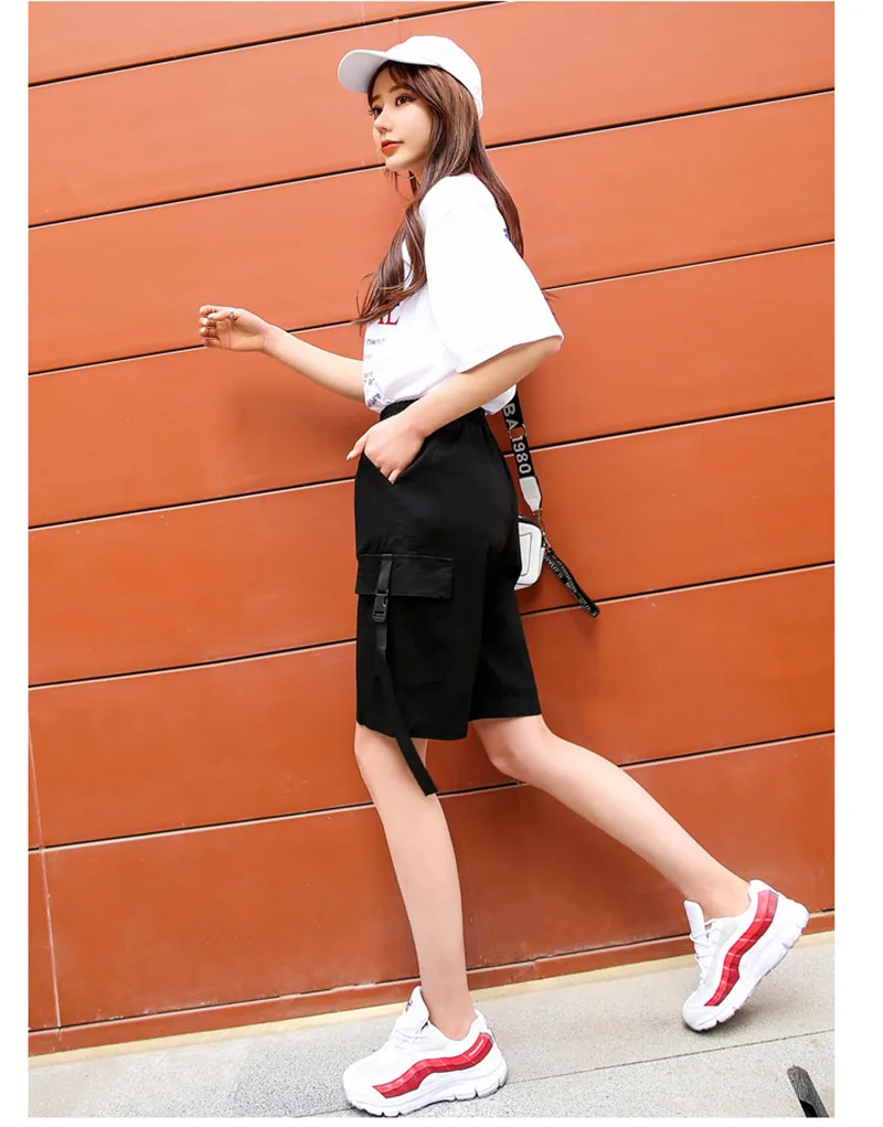 WKOUD Для женщин летние шорты капри 2019 Карамельный цвет грузов короткие штаны Harajuku Повседневное свободные эластичные Шорты с высокой талией