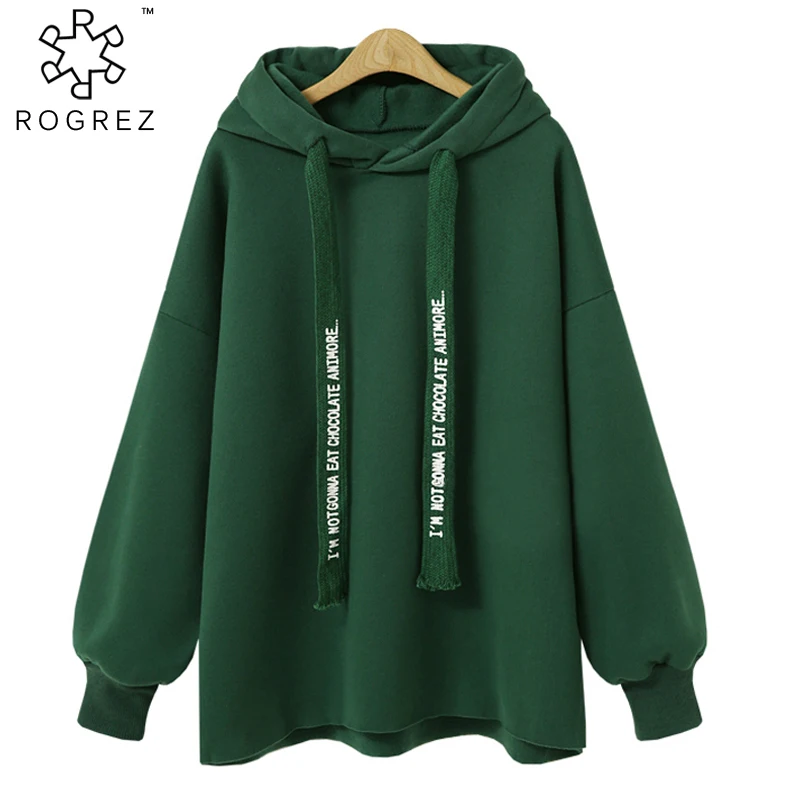 

ROGREZ Black Green Plus Size Casual Hooded Women Hoody Pullovers Long Sleeve Hoodies Long Sleeve Female Sweatshirt