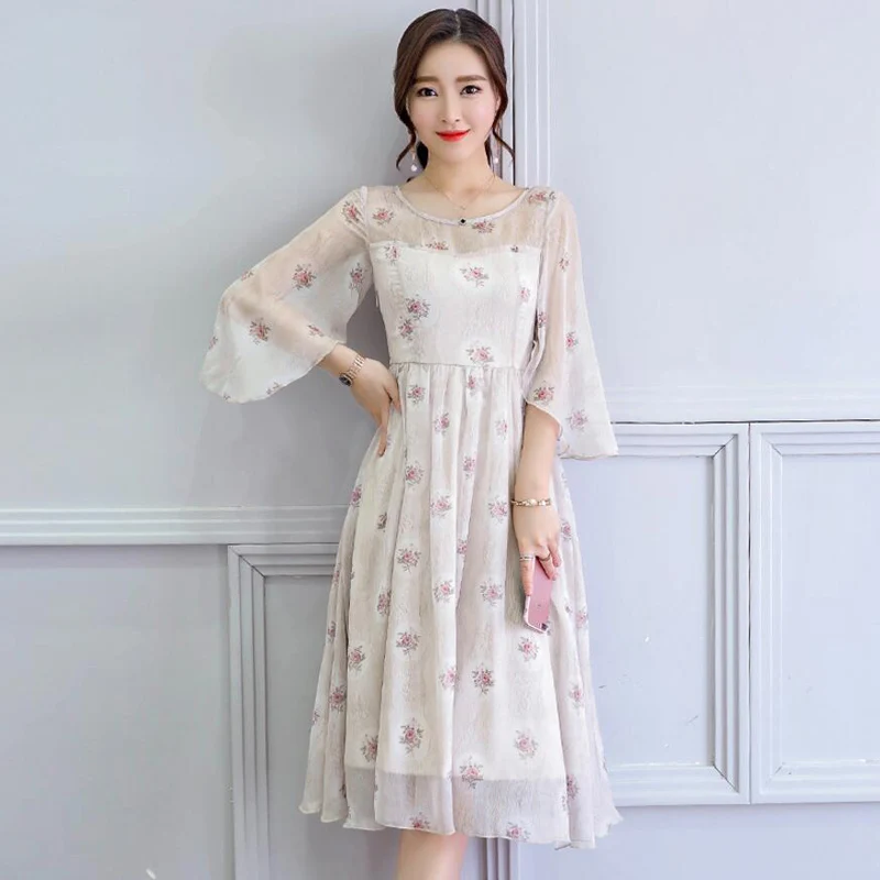 

2018 New Summer Retro Rural Rose Women Dress Chiffon Printing Plus Size Women's Clothing Three Quarter Sleeve O-neck Dresses