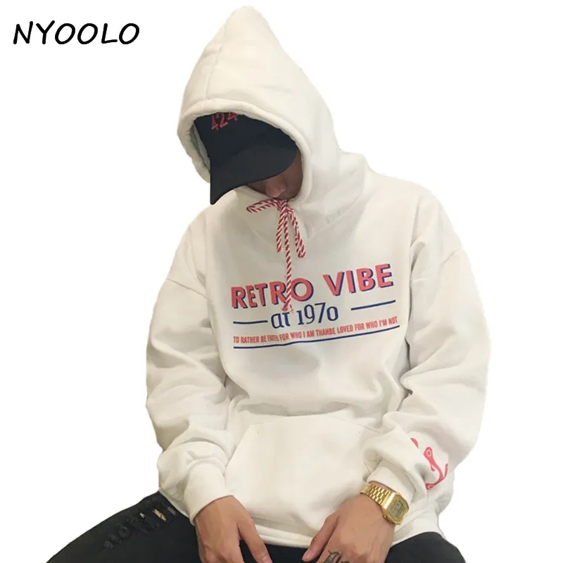 

NYOOLO Vintage design autumn winter retro 1970 Phantom Letters print Loose Fleece Hooded Sweatshirt women/men clothing tops