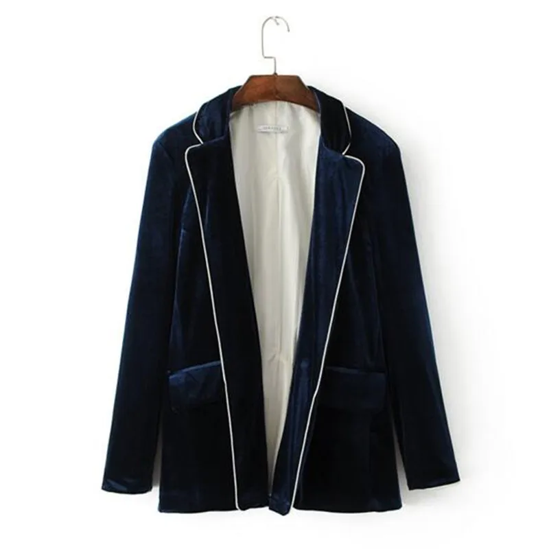 

Vintage Notched Collar Spliced White Line Notched Collar Velour Blazer Woman Loose Suit Jacket Velvet Coat Outerwear Blue
