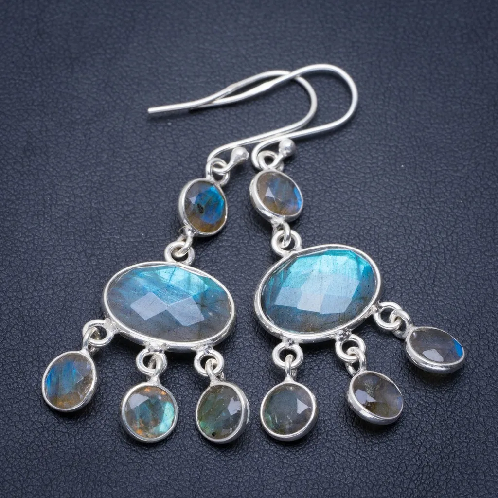 

Natural Blue Fire Labradorite Handmade Unique 925 Sterling Silver Earrings 2" A1461