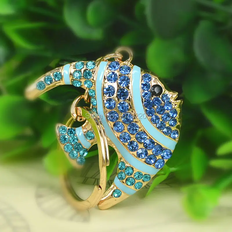 Lovely Blue Fish Charm Pendant Rhinestone Crystal Key Ring Chain Gift Accesories