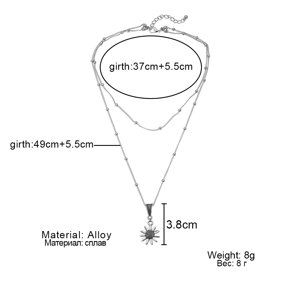 New Vintage Double Layered Sunflower Silver Chain Satellite Bead Choker Women Pendant Necklaces Simple Dainty Jewelry Gifts - Image 3