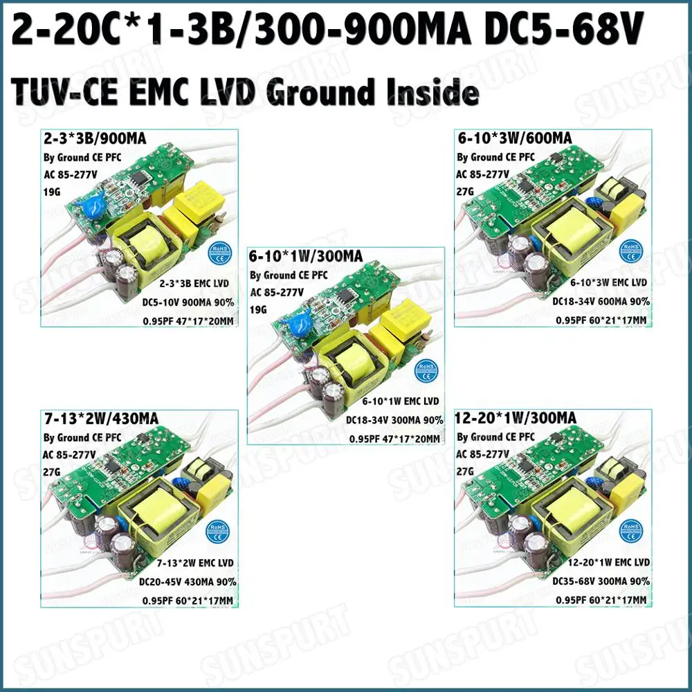 

5-20Pieces TUV-CE Ground PFC Inside 5-20W AC85-277V LED Driver 2-20Cx1-3B 300-900mA DC5-68V Constant Current For Free Shipping