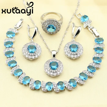 

XUTAAYI Royal Alluring Blue Cubic Zirconia 4PCS Jewelry Set Sterling Silver Earrings Ring Necklace Pendant Bracelet